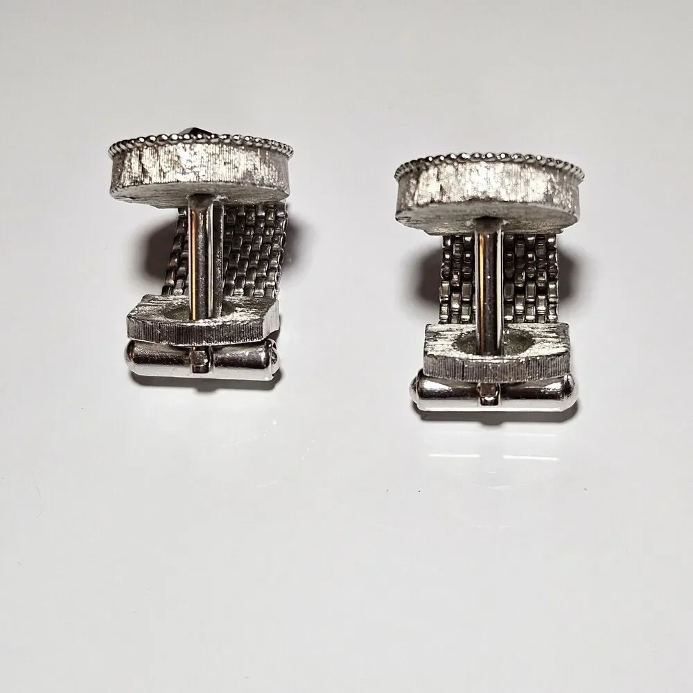 Vintage Swank Pink Marquise Rhinestone Silver Tone Mesh Wrap Around Cuff Links